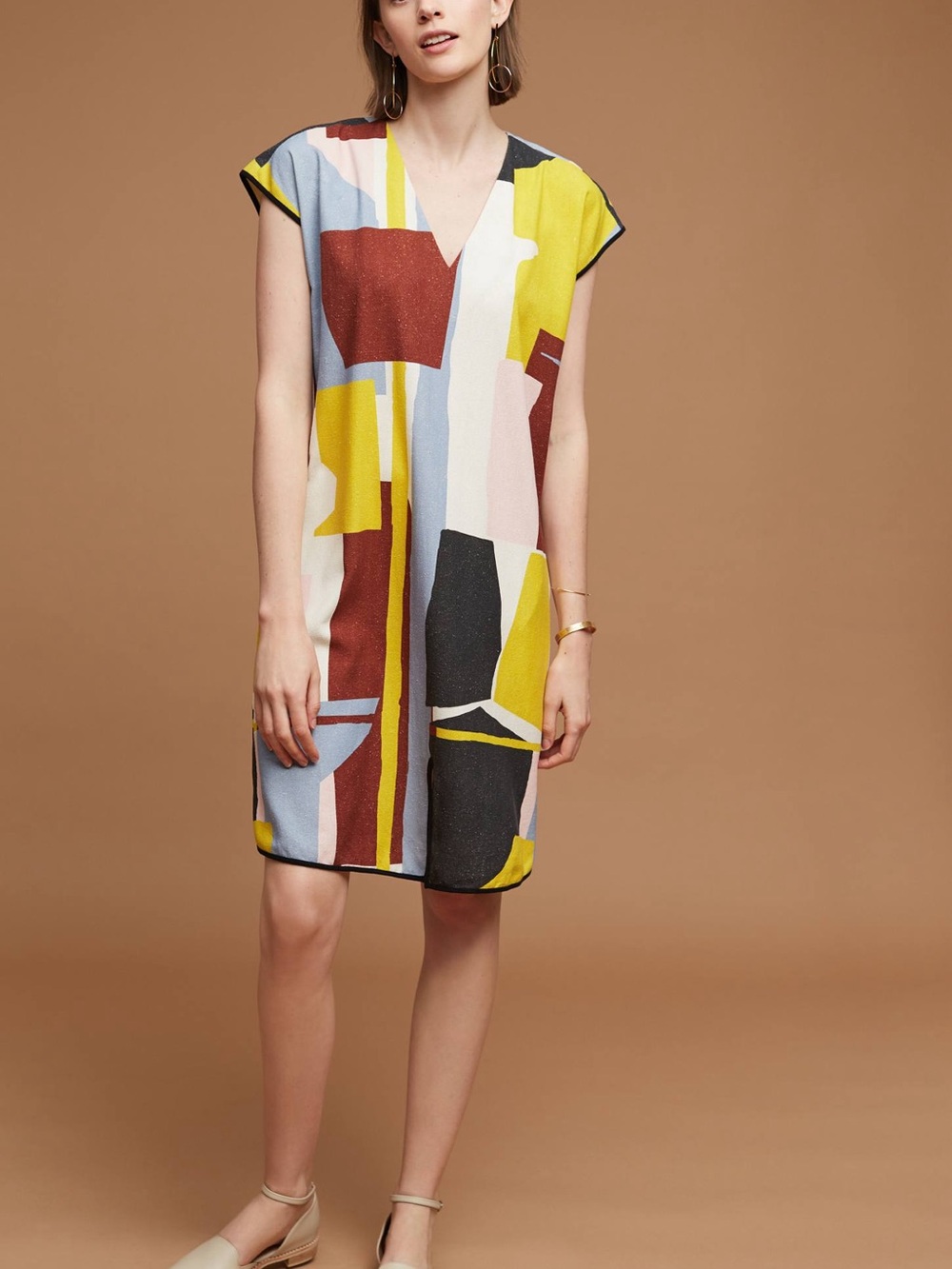 Anthropologie Abstract Colorblock Shift Dress in Yellow, Black, Rust & Pale Blue